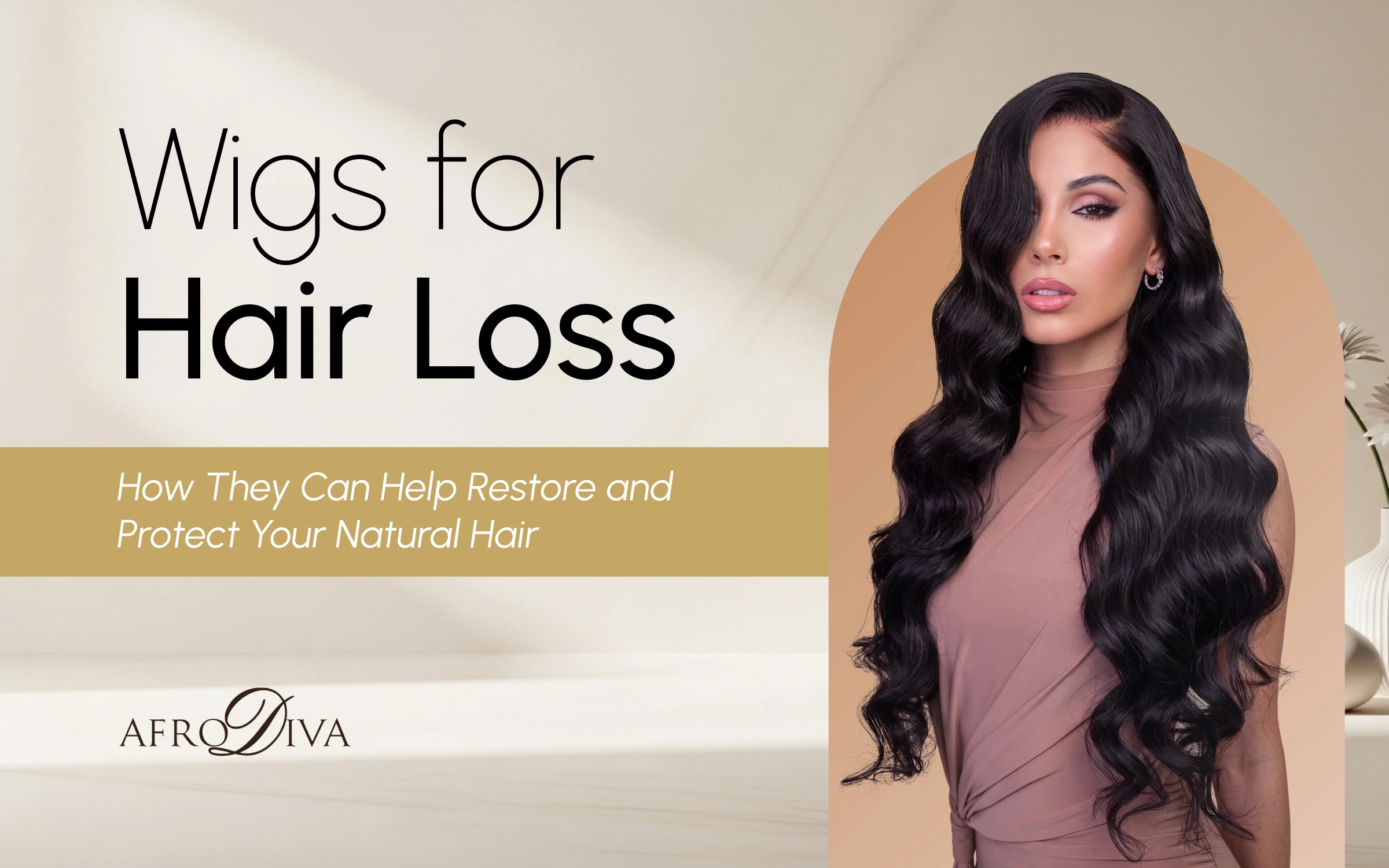 Woman wearing a long black wig for hair loss.